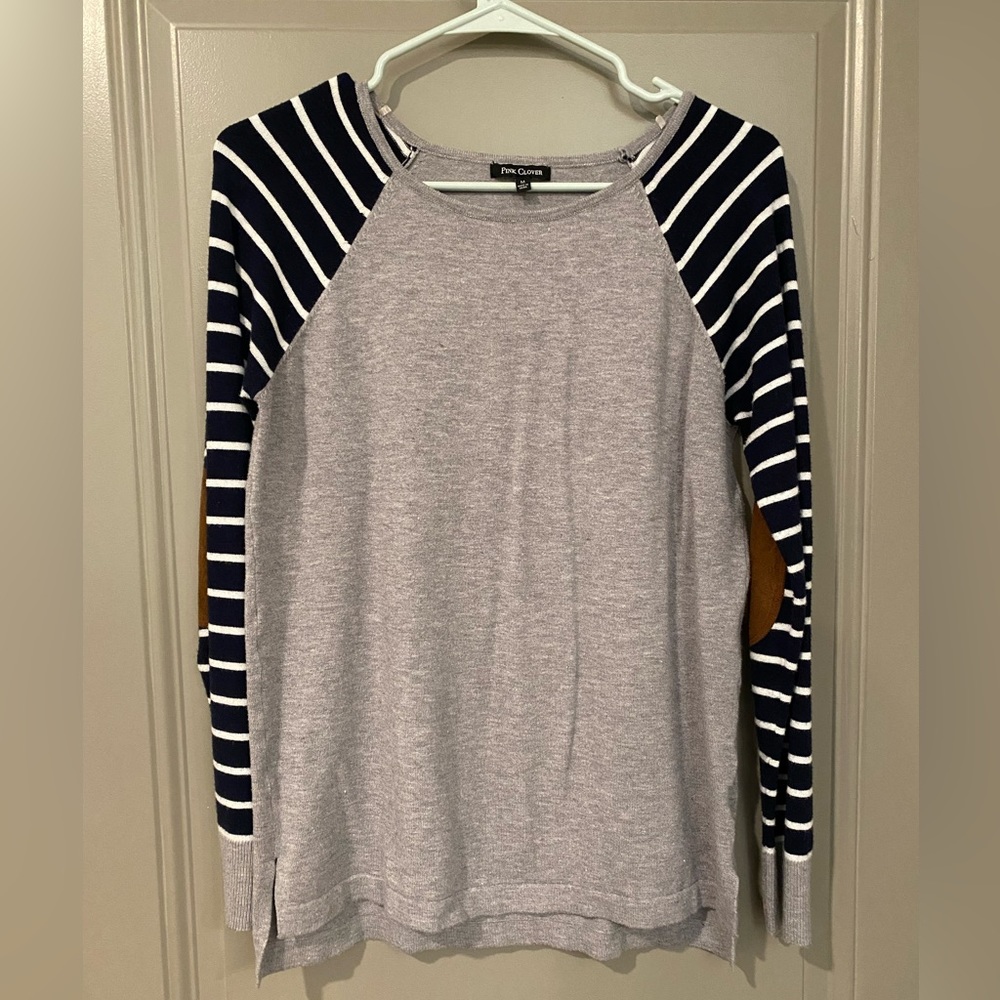 Grey and Navy sweater with suede elbow patches